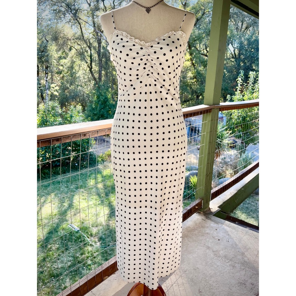 Lulus White Black Polka Dot Lace Trim Ruched Midi Maxi coquette Dress Small
